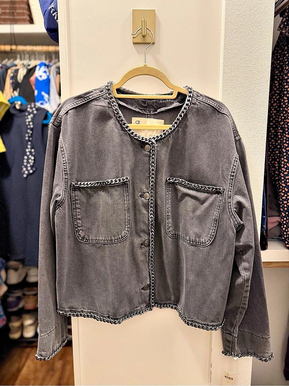 NWT Anthropologie Pilcro Chain Denim Jacket Gray Black Size L $178